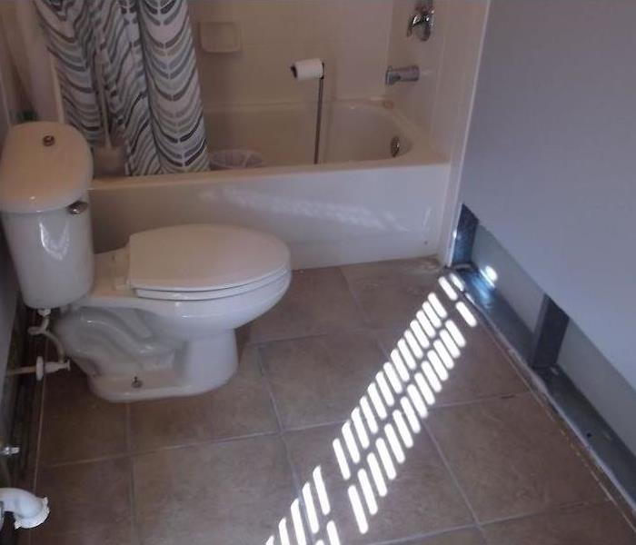 Bathroom with white toilet and walls with flood cuts on tile floor