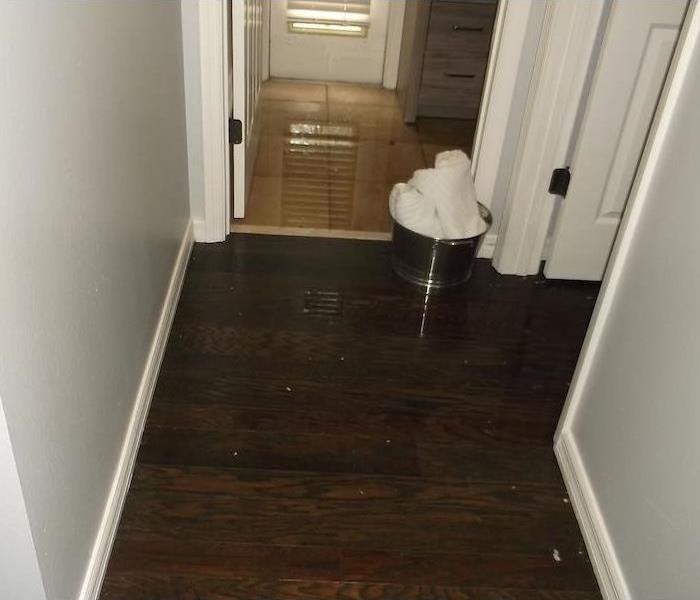 Hallway with standing water on wood and tile flooring