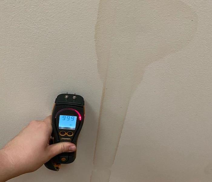 SERVPRO technician hand with moisture meter in front of wall