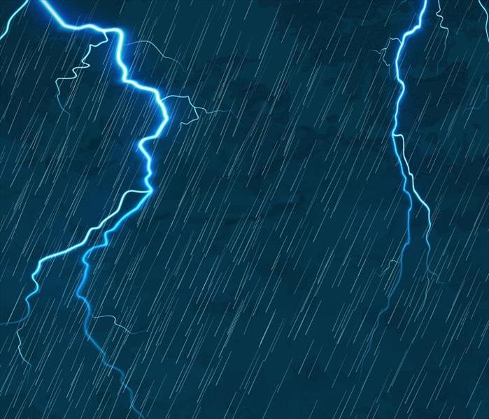 lightning and heavy rain on blue background
