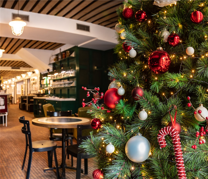 a Christmas tree in a restaurant